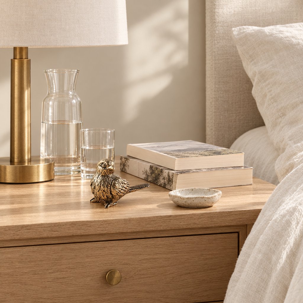 Brass sparrow figurine on a light oak nightstand beside a brass lamp, a glass carafe of water and two stacked books