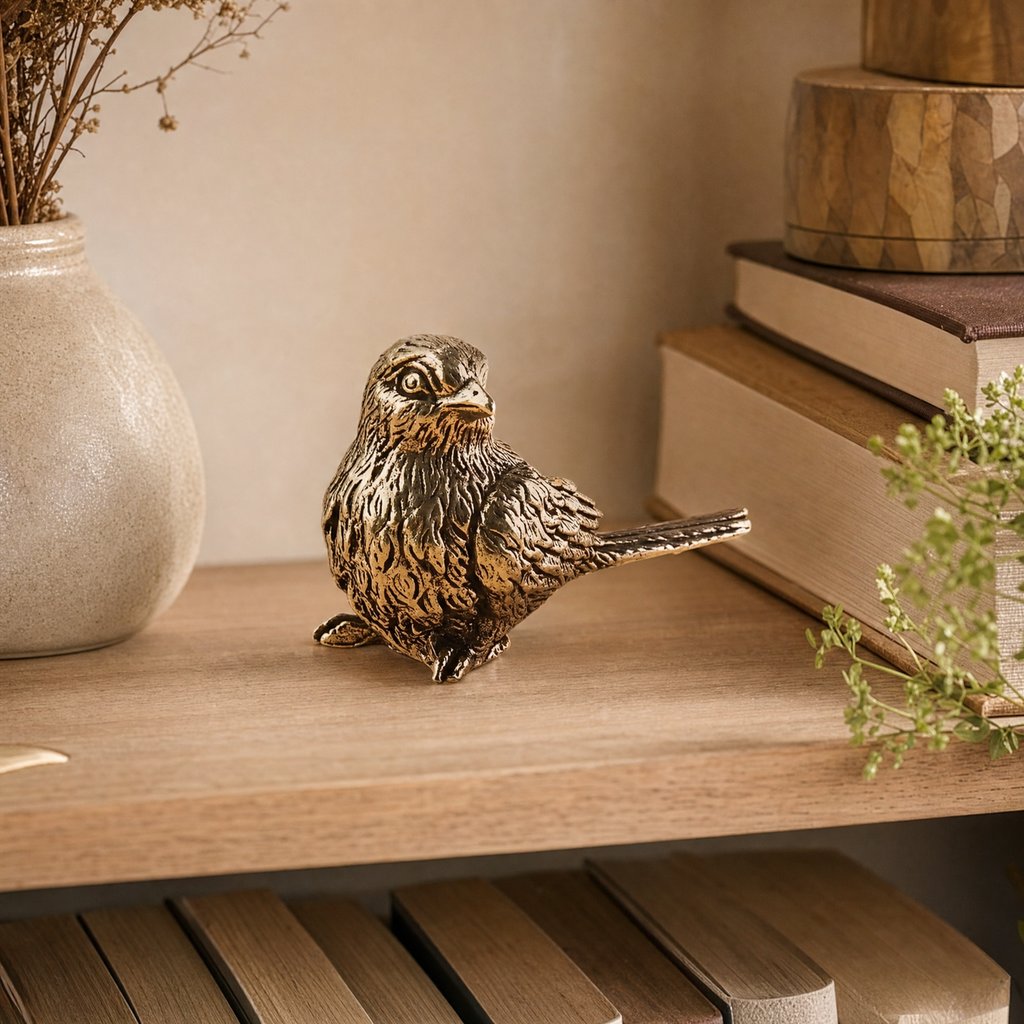 Close view of a brass sparrow figurine with dark antiqued finish and gold highlights on a light wood shelf beside a speckled vase and books