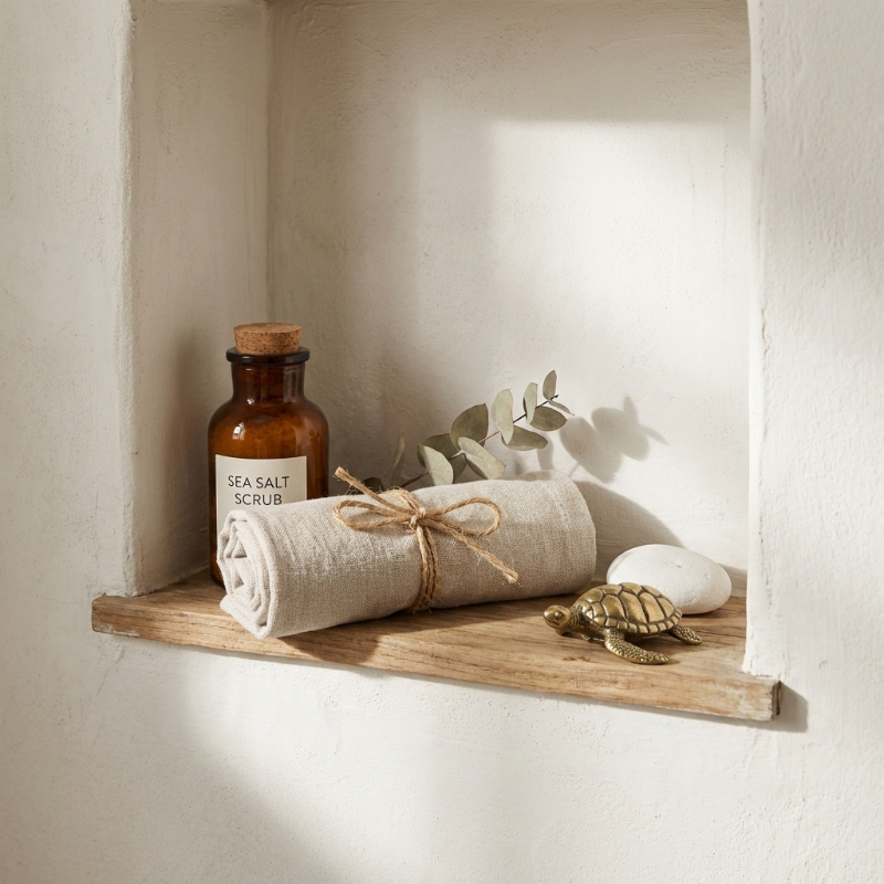 Brass turtle figurine styled on shelf with bath essentials