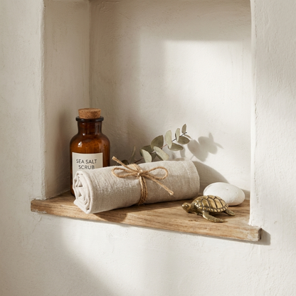 Brass turtle figurine styled on shelf with bath essentials