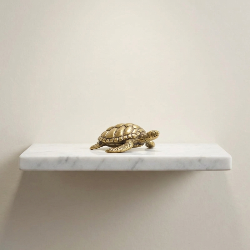 Brass turtle figurine on floating white shelf