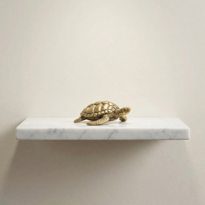 Brass turtle figurine on floating white shelf