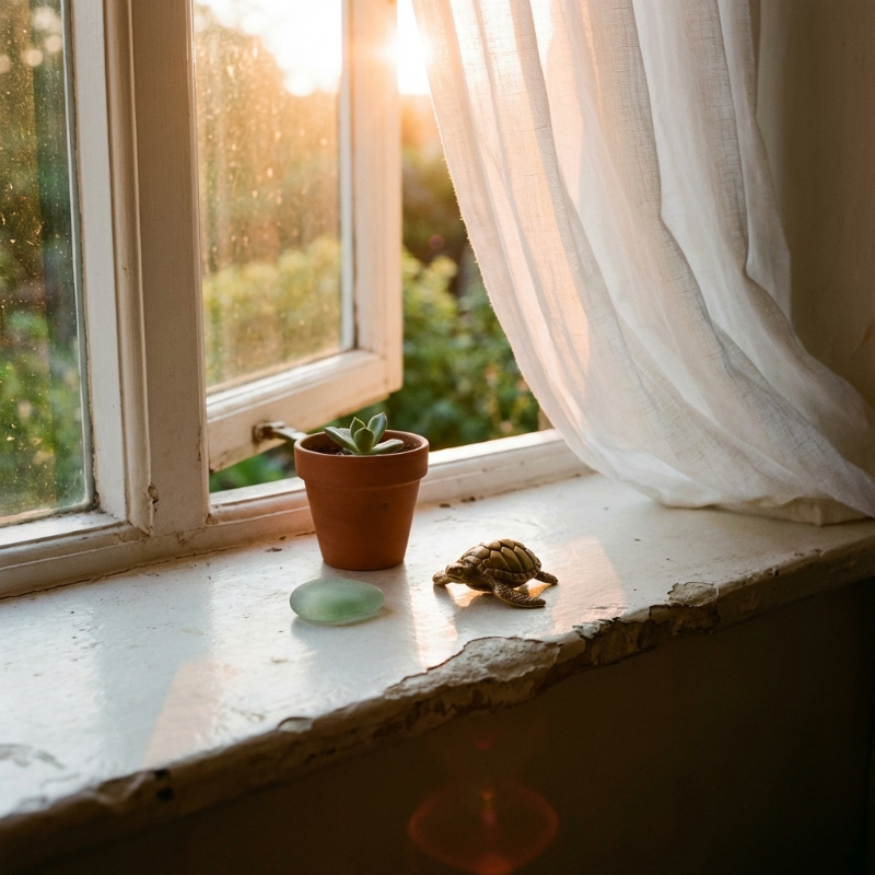 Brass turtle figurine on windowsill in natural light