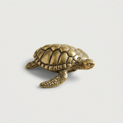 Brass turtle figurine on white background from top view