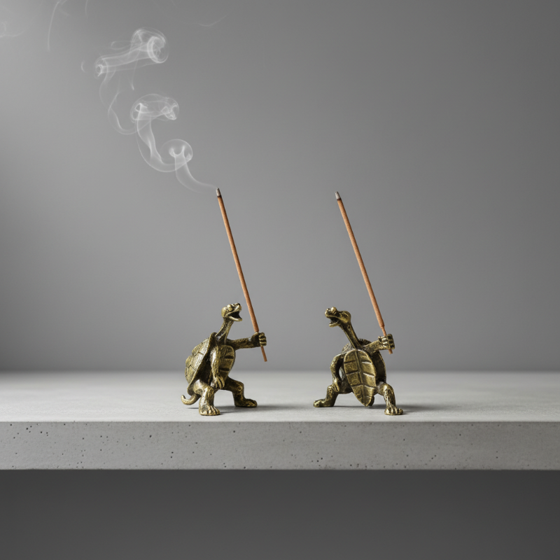 Two brass turtle incense holders with incense sticks on a gray background