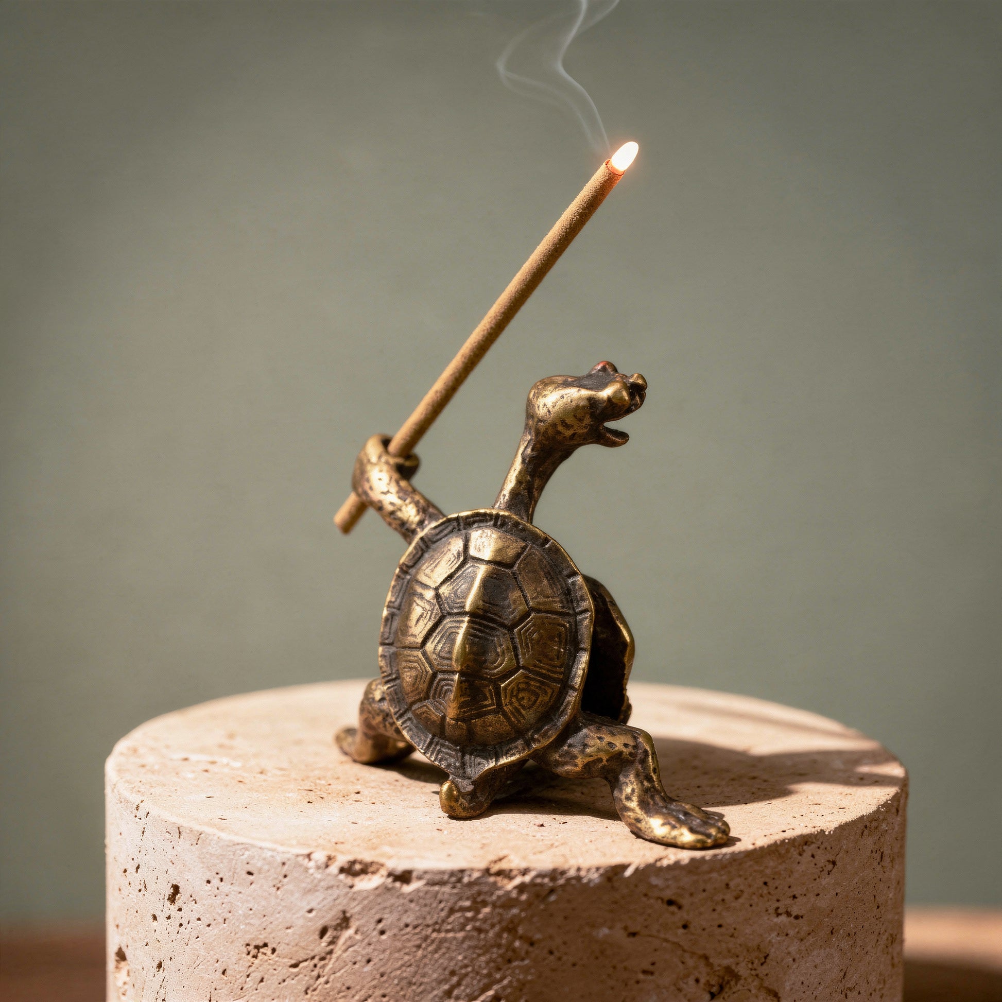 Bronze turtle incense burner with a lit incense stick on a neutral background