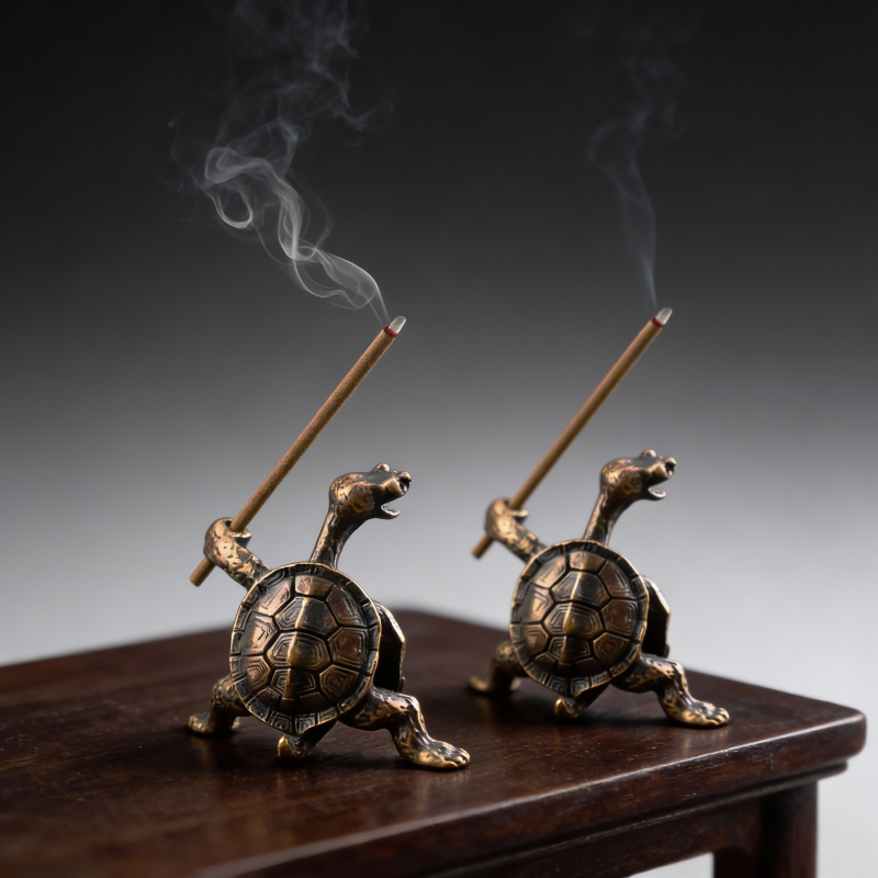 Two bronze turtle incense holders with smoking sticks on a wooden surface.