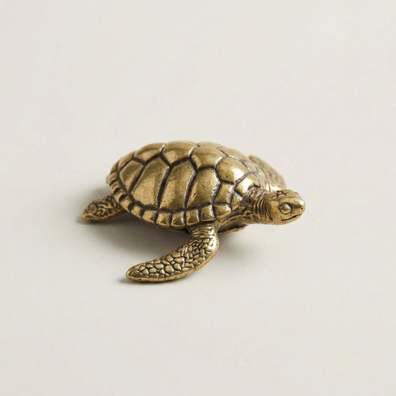 Brass turtle figurine on a light beige background