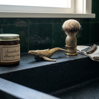 Brass whale sculpture on bathroom counter beside candle and book