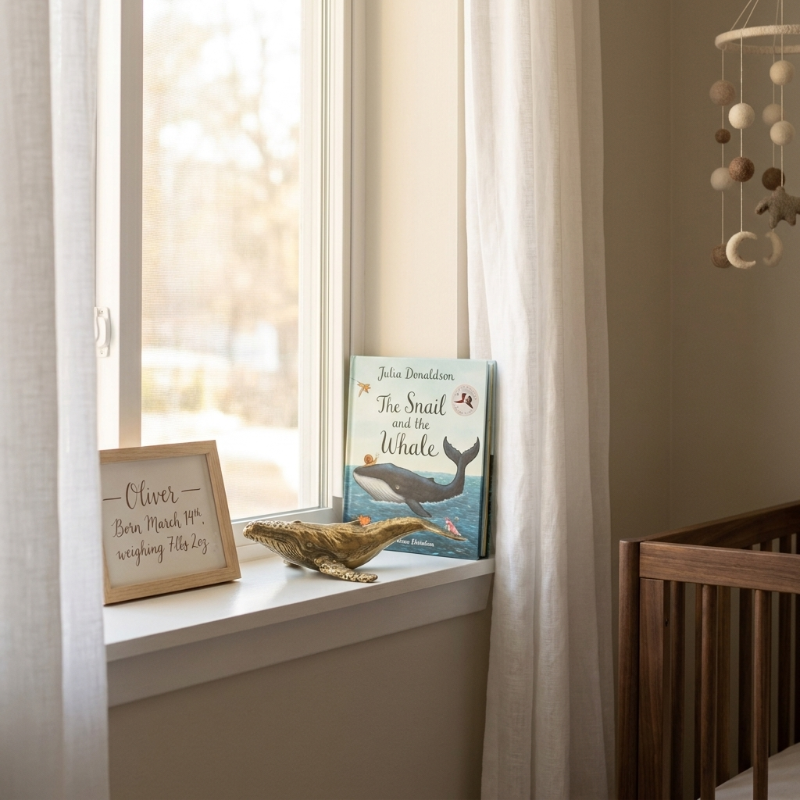Brass whale sculpture on windowsill in soft daylight