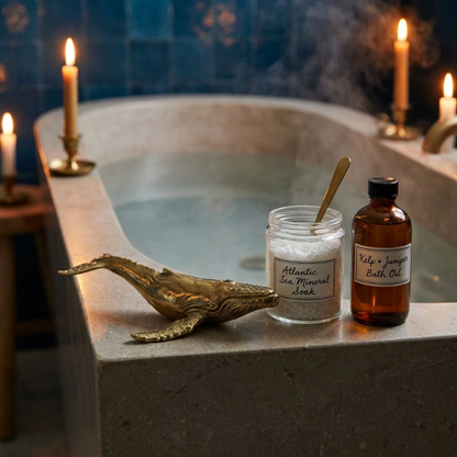 Brass whale sculpture on bathtub tray with candlelight