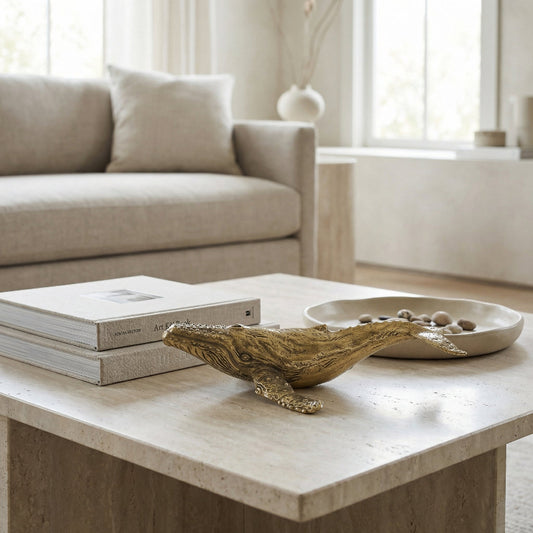 Coffee table with brass whale sculpture in a living room setting