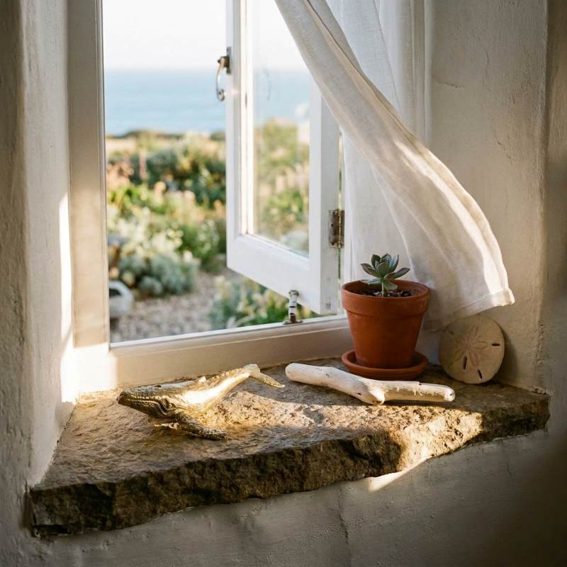 Brass whale sculpture on wooden windowsill with potted plant