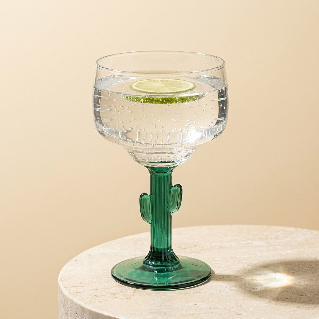 Cactus stem margarita glass with a green cactus-shaped stem, Kiyo Home
