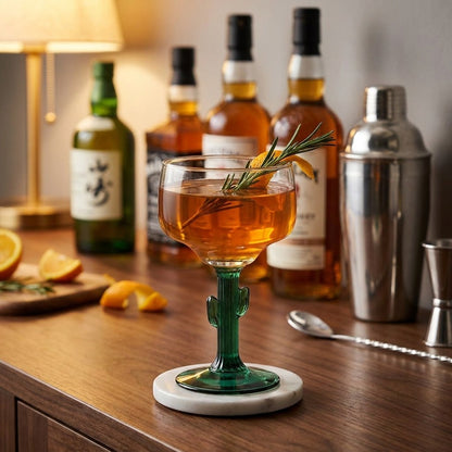 Cactus stem margarita glass on a bar cart with spirits, Kiyo Home