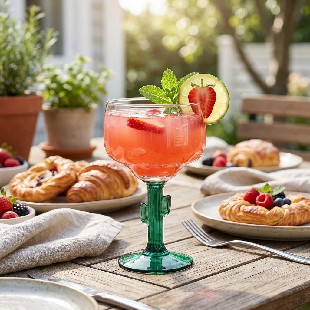 Cactus stem margarita glass with a pink cocktail at brunch, Kiyo Home