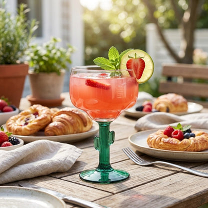 Cactus stem margarita glass with a pink cocktail at brunch, Kiyo Home