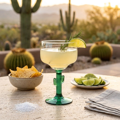 Cactus stem margarita glass on a desert patio with cacti, Kiyo Home