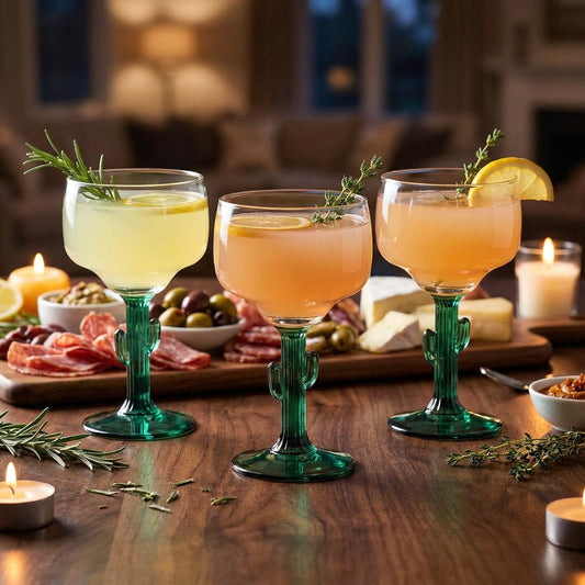 Three cactus stem margarita glasses with cocktails and a charcuterie board, Kiyo Home