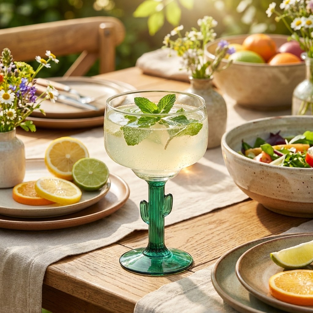 Cactus stem margarita glass on an outdoor dining table, Kiyo Home