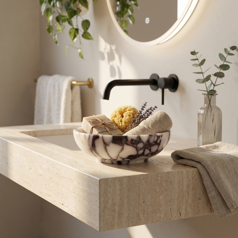 Calacatta marble bowl on bathroom counter beside sink and folded towel