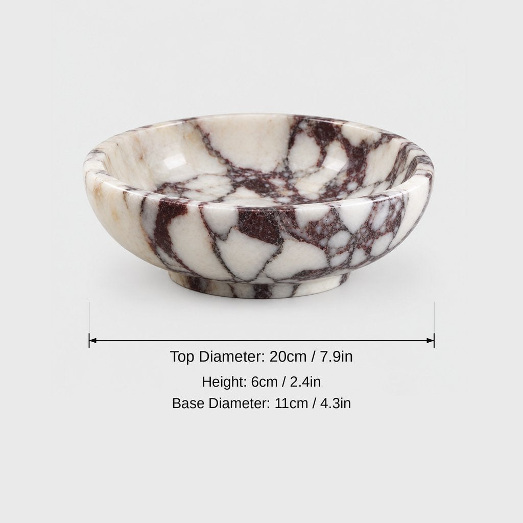 Shallow white marble bowl with burgundy veining, dimensions graphic: top diameter 20 cm or 7.9 in, height 6 cm or 2.4 in, base diameter 11 cm or 4.3 in