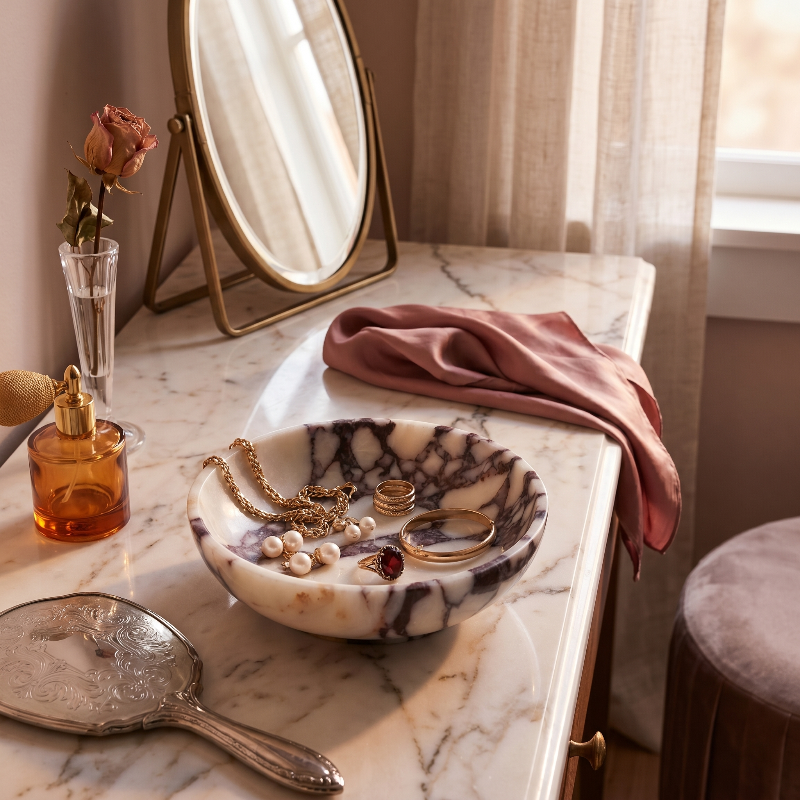 Calacatta marble bowl on bathroom vanity beside mirror and perfume bottle
