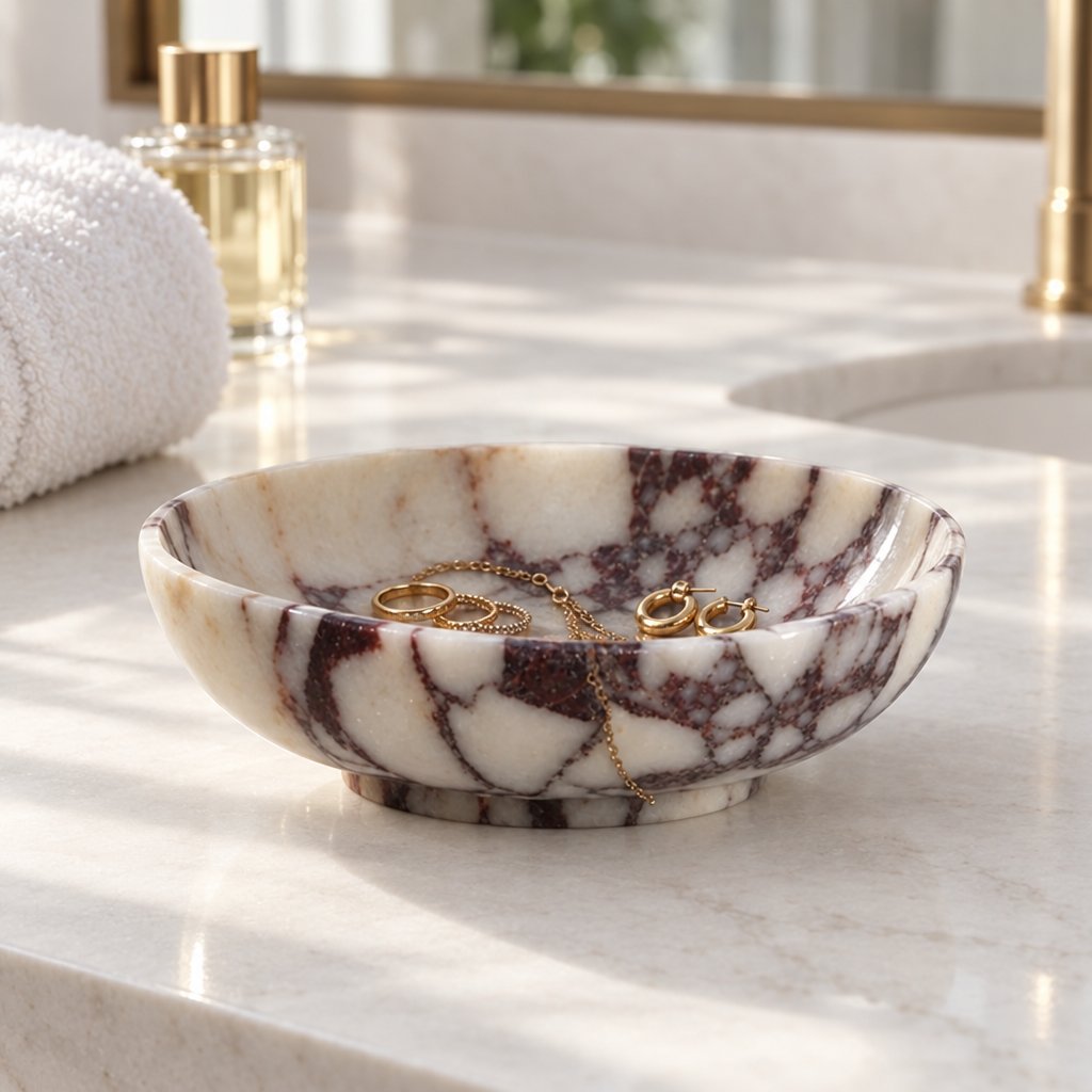 Shallow white marble bowl with burgundy veining on a white marble bathroom counter holding gold rings and a gold chain, with a folded white towel, a glass bottle and a gold faucet behind