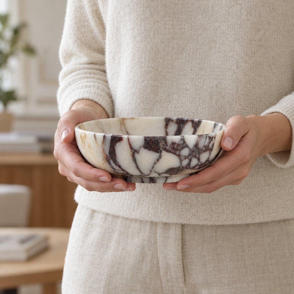 Two hands holding a shallow white marble bowl with burgundy veining at waist height, worn with a cream knit sweater and linen pants