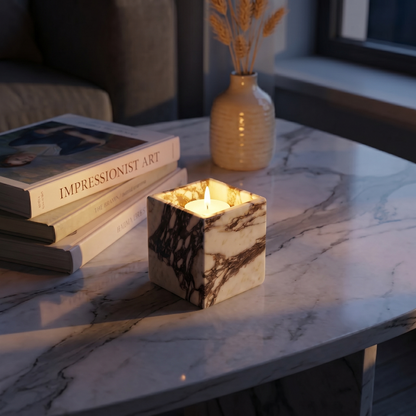 Marble-textured candle holder with a lit candle on a marble surface, next to books and a vase.
