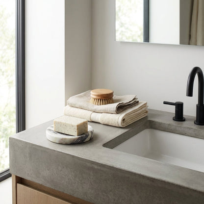 Bathroom sink with concrete countertop, black faucet, and towels.