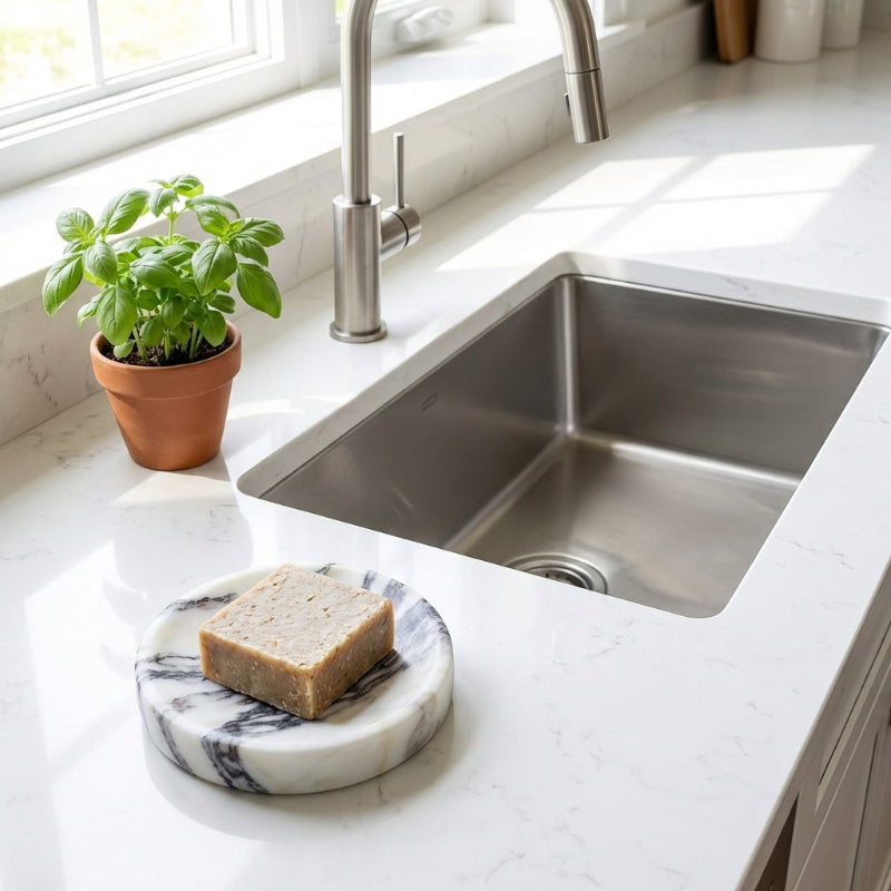 Stainless steel kitchen sink with a potted plant and soap on a marble coaster.