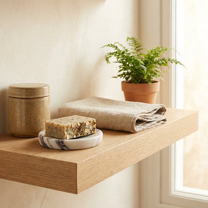 Wooden shelf with a jar, soap, towel, and plant against a light wall.