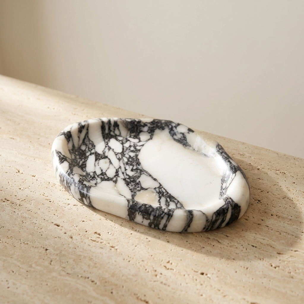 Calacatta marble tray showing unique natural veining, hand-carved marble tray, Kiyo Home