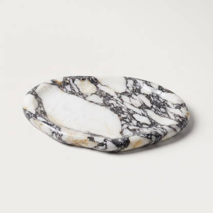 Calacatta marble tray with grey-purple veining, hand-carved natural marble catch-all tray, Kiyo Home
