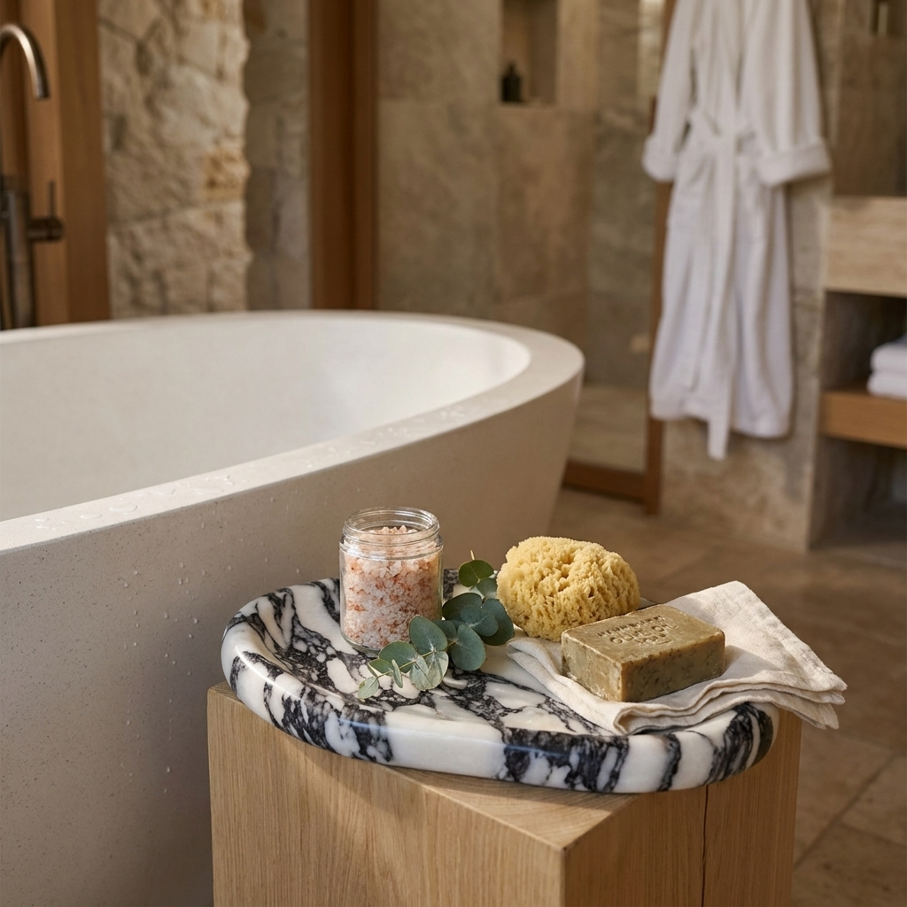 Calacatta marble tray as a bath caddy with soap and sponge, Kiyo Home