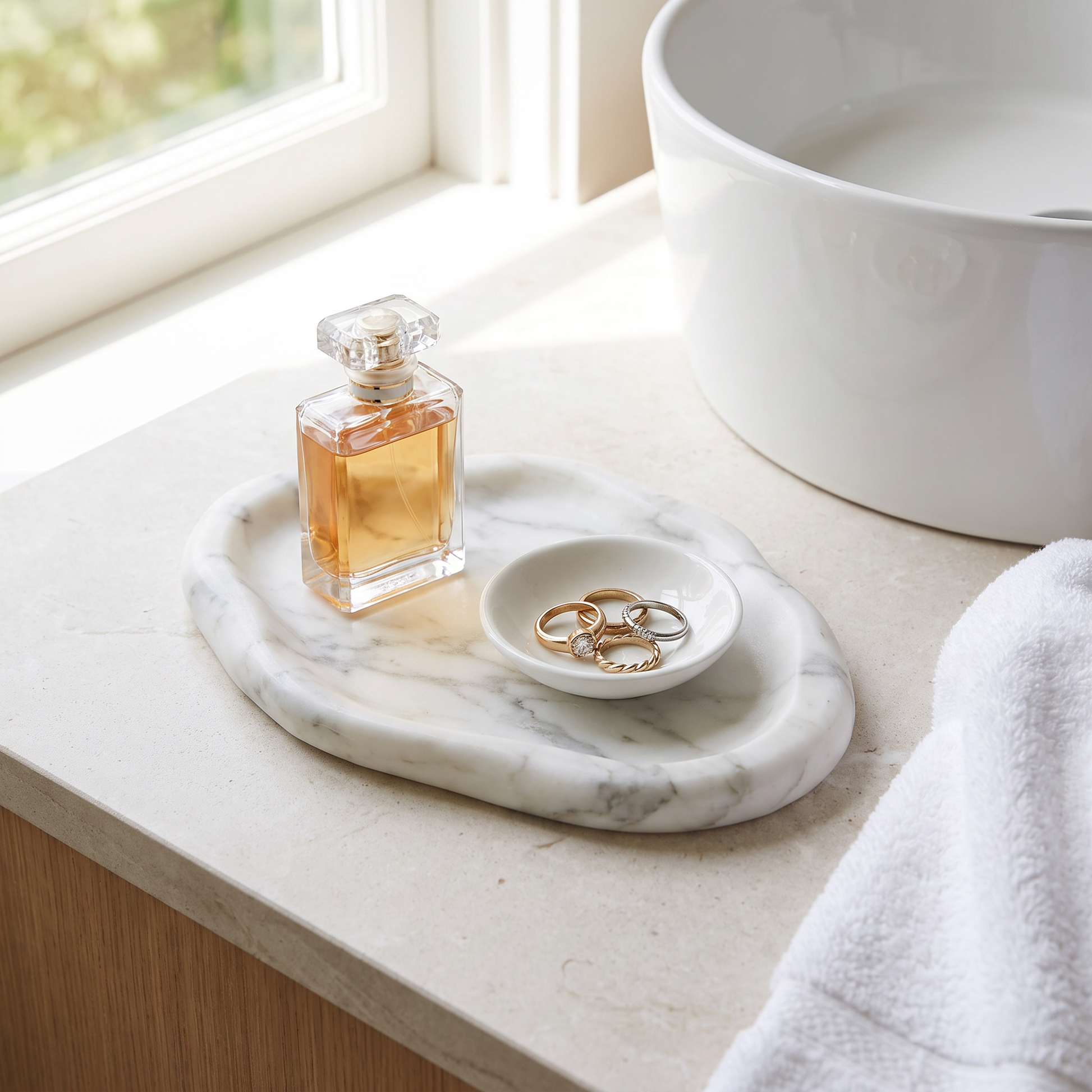Calacatta marble tray on a bathroom sink counter with perfume and a ring dish, Kiyo Home
