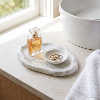 Calacatta marble tray on a bathroom sink counter with perfume and a ring dish, Kiyo Home