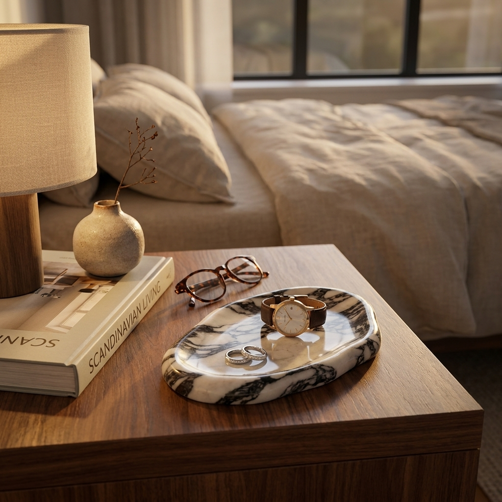 Calacatta marble tray on a bedside table with a lamp and glasses, Kiyo Home