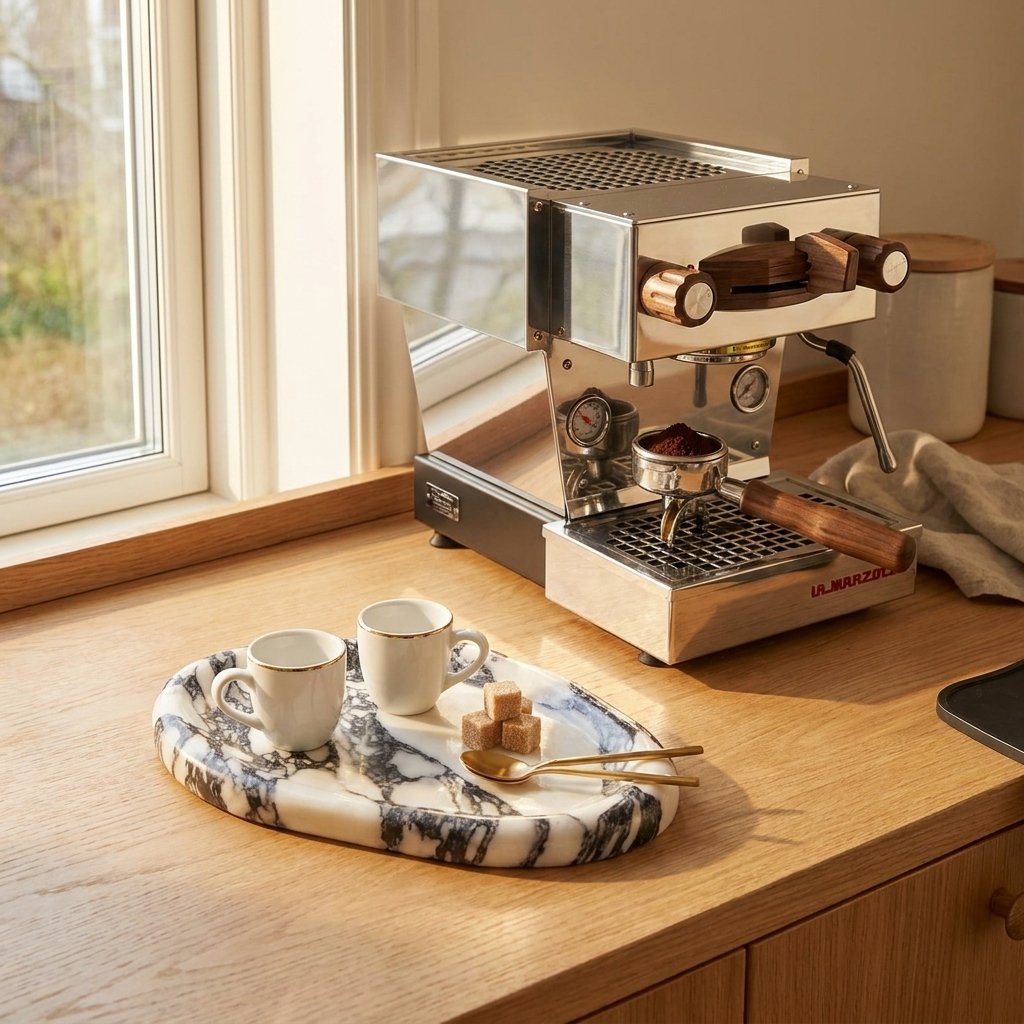 Calacatta marble tray at a coffee station holding espresso cups, Kiyo Home