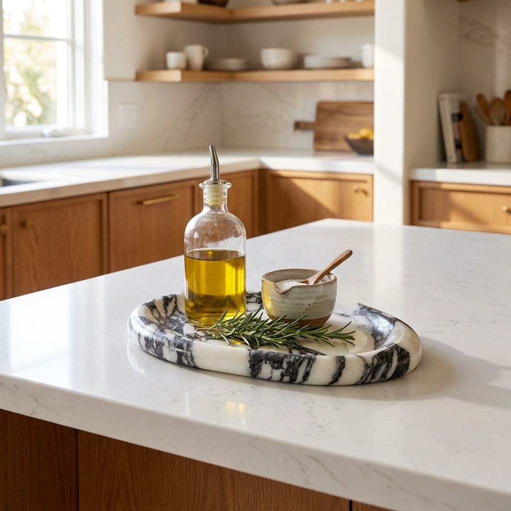 Calacatta marble tray on a kitchen island holding olive oil, Kiyo Home