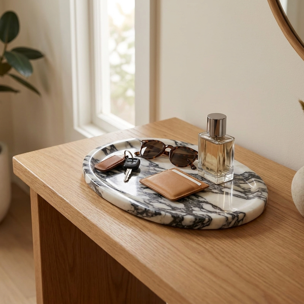 Calacatta marble tray as a nightstand catch-all with wallet, sunglasses and perfume, Kiyo Home