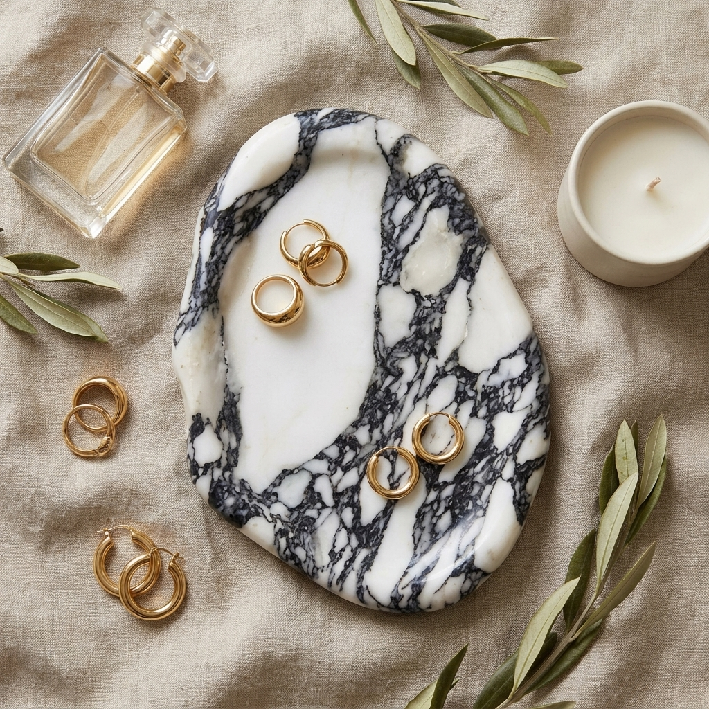 Calacatta marble tray on a vanity with perfume and gold rings, flat lay, Kiyo Home
