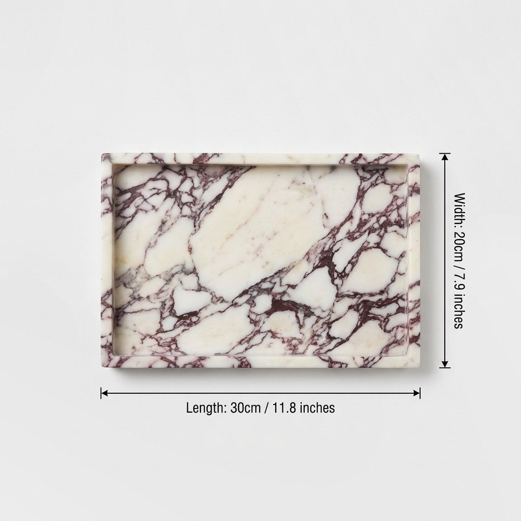 Overhead view of a white marble tray with burgundy veining, labeled Width 20cm / 7.9 inches and Length 30cm / 11.8 inches