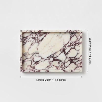 Overhead view of a white marble tray with burgundy veining, labeled Width 20cm / 7.9 inches and Length 30cm / 11.8 inches