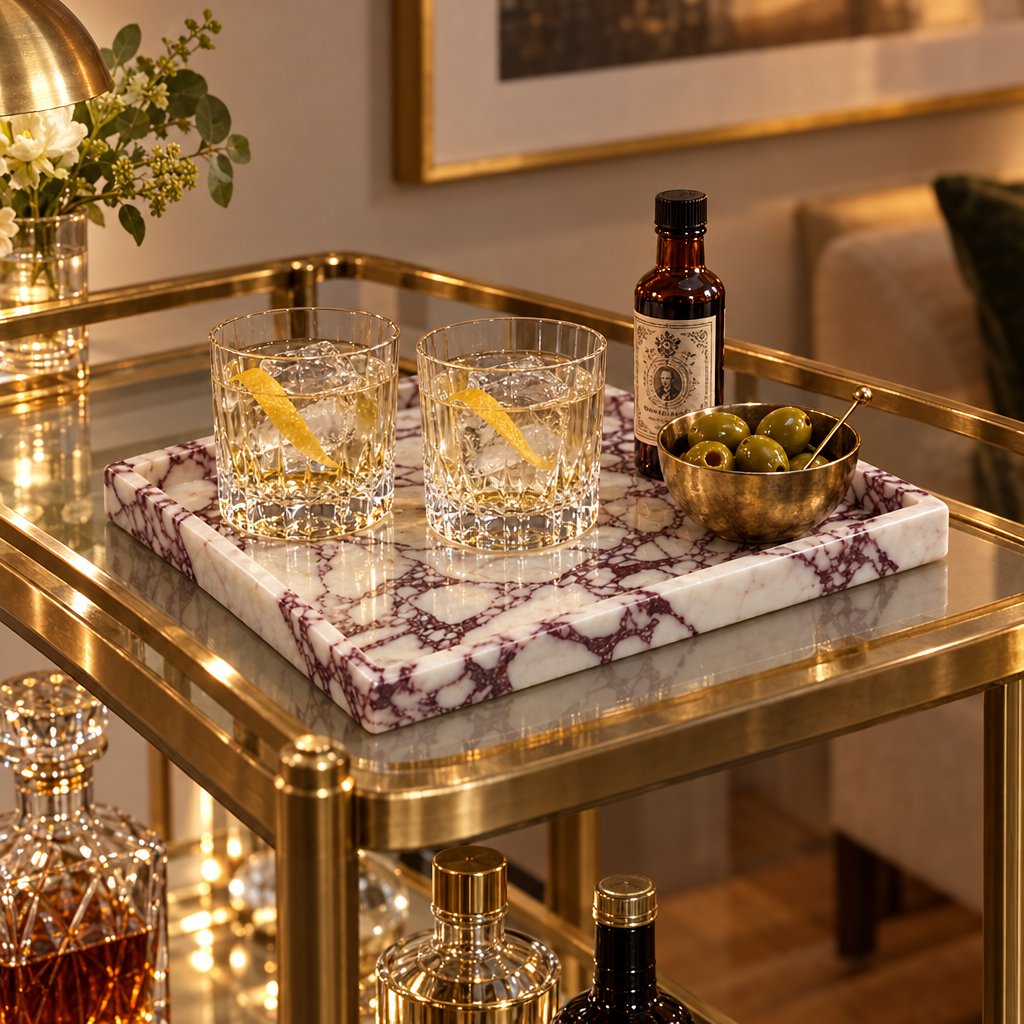 White marble tray with burgundy veining on a gold bar cart holding two cocktails, a bitters bottle and a brass bowl of olives