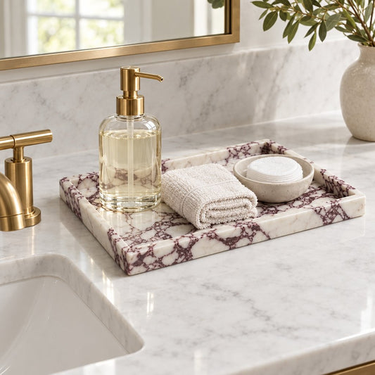 White marble tray with burgundy veining on a bathroom vanity holding a glass pump bottle with a gold pump, a folded washcloth and a dish of cotton rounds