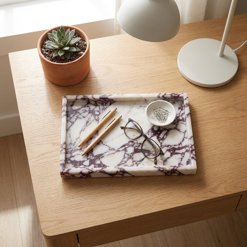 Overhead view of a white marble tray with burgundy veining on an oak desk holding two pencils, round glasses and a dish of paper clips beside a succulent