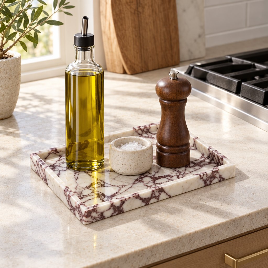 White marble tray with burgundy veining on a kitchen counter holding a glass cruet of olive oil, a stoneware salt cellar and a wooden pepper mill