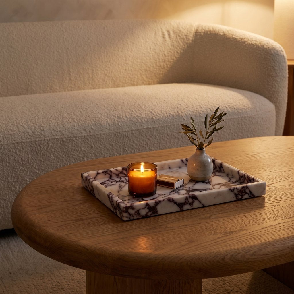White marble tray with burgundy veining on a coffee table holding a lit candle in an amber jar, a brass matchbox and a small vase with an olive branch